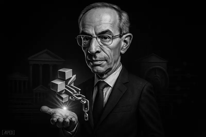 A grayscale caricature of Tobias Adrian presenting tokenized financial assets as institutional architecture merges with blockchain rails in a dark cinematic scene.