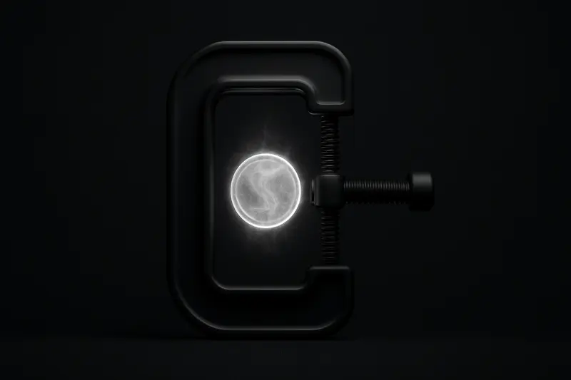 On a black background, a steel vise compresses a glowing coin radiating heat shimmer and fine, fading red graph lines.