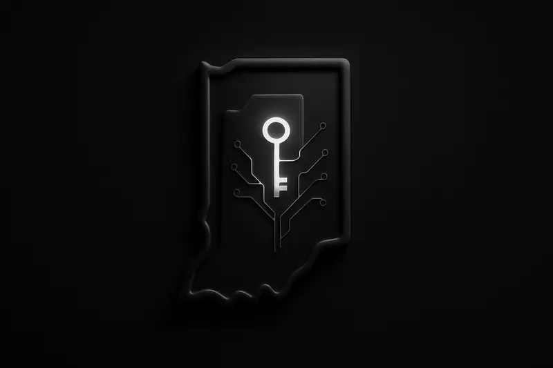A dark Indiana-shaped shield formed from neon circuitry, holding a glowing key above subtle coin-like rings on black.