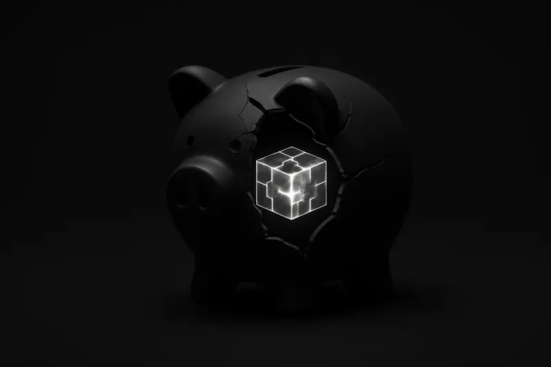 On a black background, a cracked stone piggy bank reveals a glowing, flickering cube emitting faint digital particles.