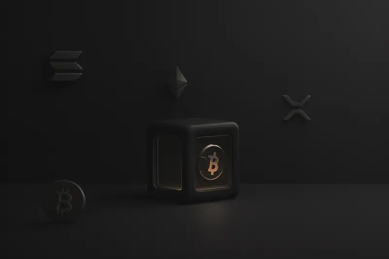 A glowing golden coin sealed inside a transparent armored cube vault, surrounded by dark circuit lines and faint compliance grid marks.