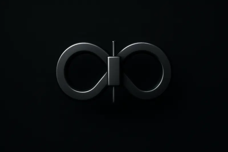 A glowing infinity loop entwined with a sharp candlestick chart line inside a dark metallic frame on black background.