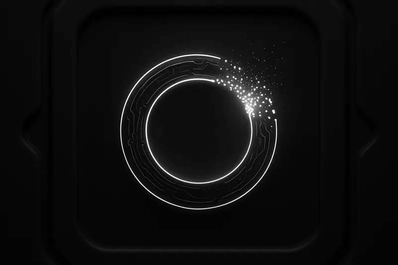 A dark circular microchip ring glowing blue, with one arc disintegrating into orange embers on black background.