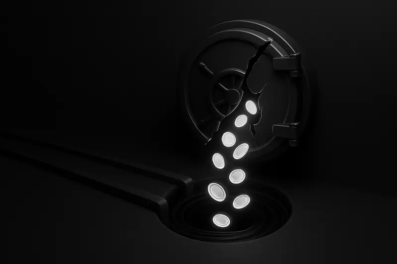 Cracked steel vault door on a dark background, leaking neon coin-like lights that spiral into a deep shadowy vortex.