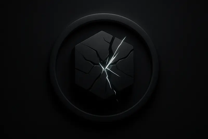A cracked black vault emits thin neon-blue shards, partially contained by a glowing circular barrier on a dark background.
