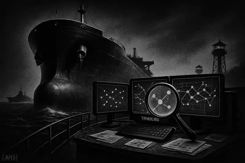 A giant tanker in a dark strait is scrutinized by oversized blockchain-analysis equipment amid tense naval shadows and stormy grayscale seas.