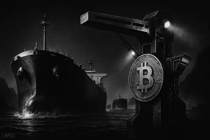 A giant oil tanker faces a harsh mechanical sea toll gate with Bitcoin machinery in a dark, tense strait at night.