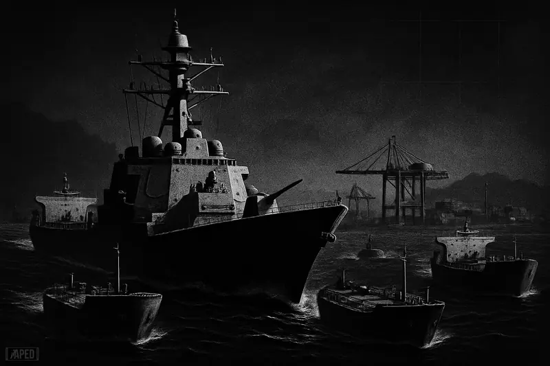A grim naval blockade scene shows a warship obstructing tankers near a dark port, evoking tension around Iranian maritime trade and oil flows.