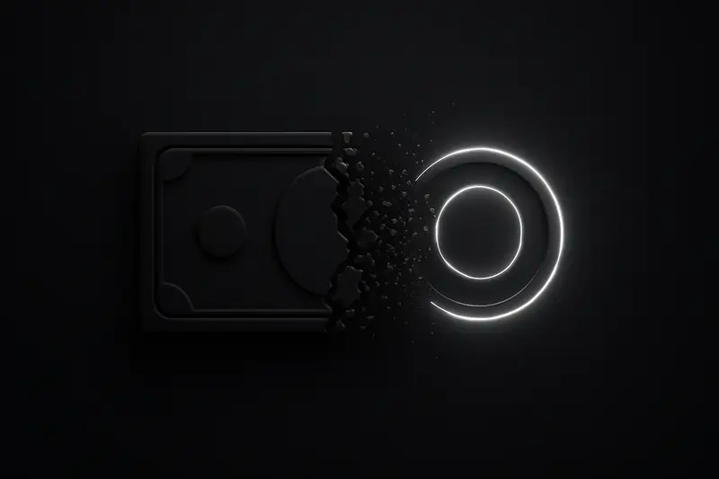 A dark background with a shattered paper banknote fragmenting into glowing golden particles that form a coin-like circle.