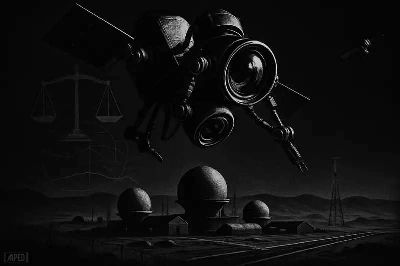 A looming surveillance satellite hovers over a dark desert military base, rendered in monochrome with ominous AI-driven mechanical detail.