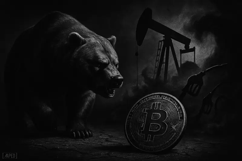 A snarling bear looms over a scratched bitcoin coin as oil machinery and smoke evoke war-driven market fear in a dark grayscale scene.