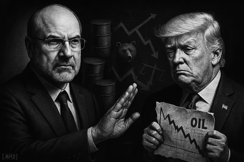 Ghalibaf dismisses a frustrated Trump as oil barrels, a wary bull and bear, and market symbols emerge in a dark grayscale scene.