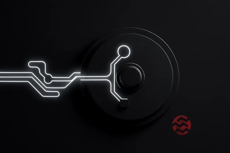 Black cover with a luminous teal circuit-rail forming a padlock around floating metallic security tokens in deep shadow.