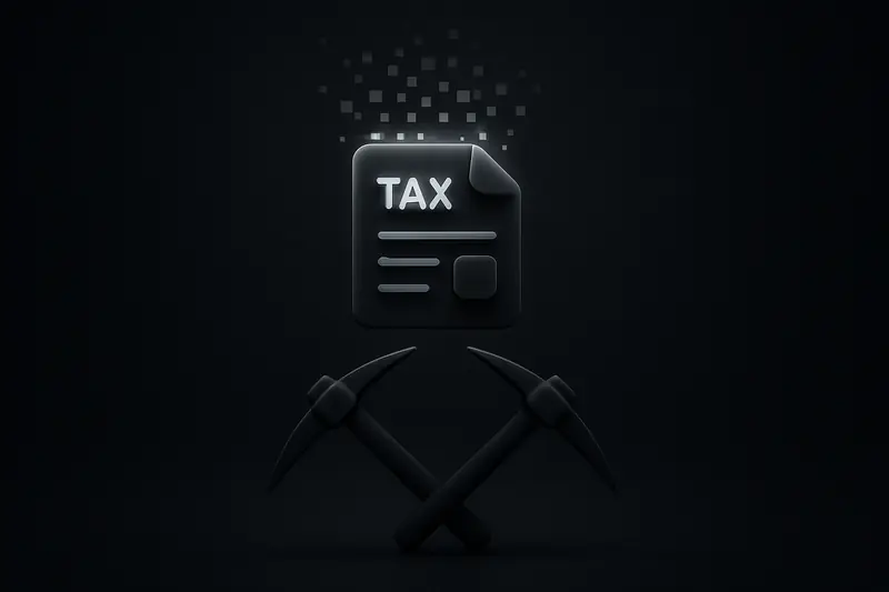 Neon-blue digital document sheets dissolving into pixel dust above faint pickaxe and circuit patterns on a black background.