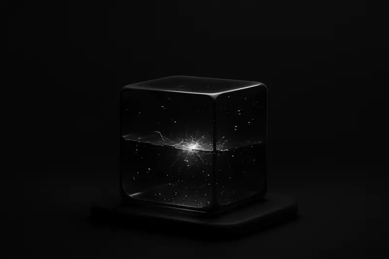 Glowing ember trapped in a clear cube of dark liquid, with faint grid lines and drifting particles on black.