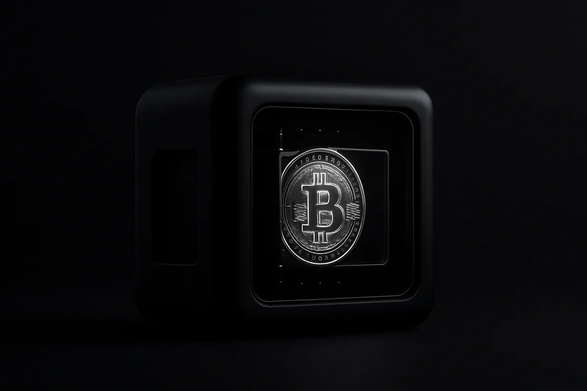 A glowing golden coin suspended inside a black glass cube, wrapped by faint metallic bands on a dark background.