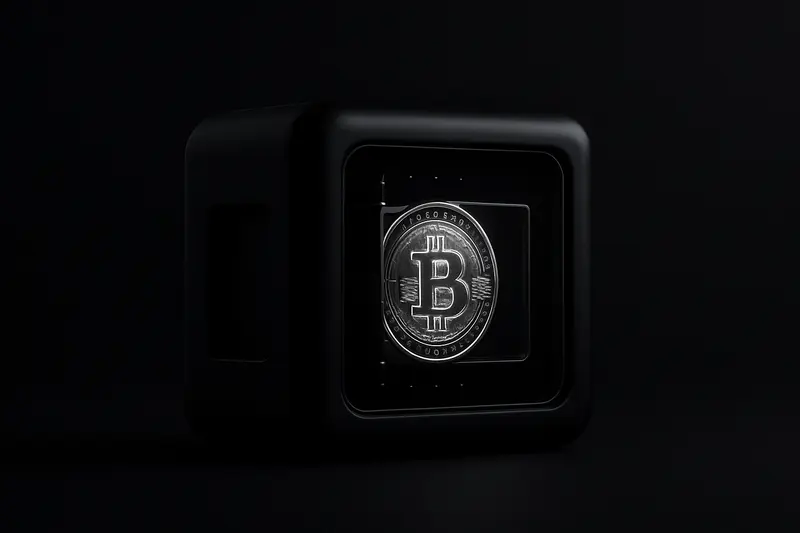 A glowing golden coin suspended inside a black glass cube, wrapped by faint metallic bands on a dark background.