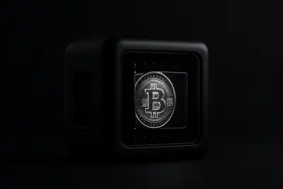 A glowing golden coin suspended inside a black glass cube, wrapped by faint metallic bands on a dark background.