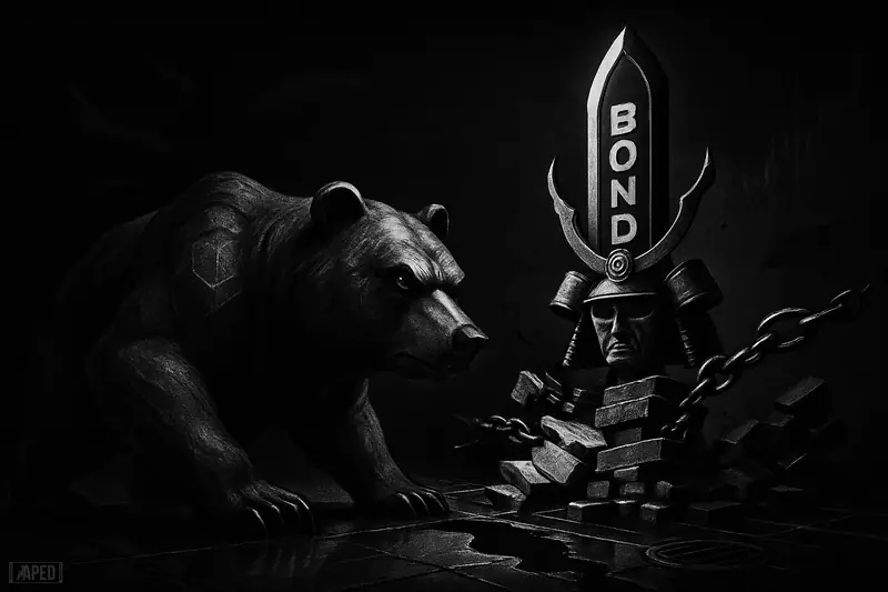 A grayscale bear-like crypto symbol confronts a towering Japanese bond blade as liquidity drains and leverage collapses in a dark market scene.