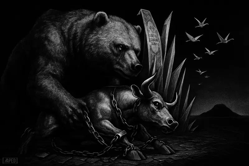 A giant bear crushes a struggling bull as jagged bond spires rise behind them in a dark grayscale financial battlefield.
