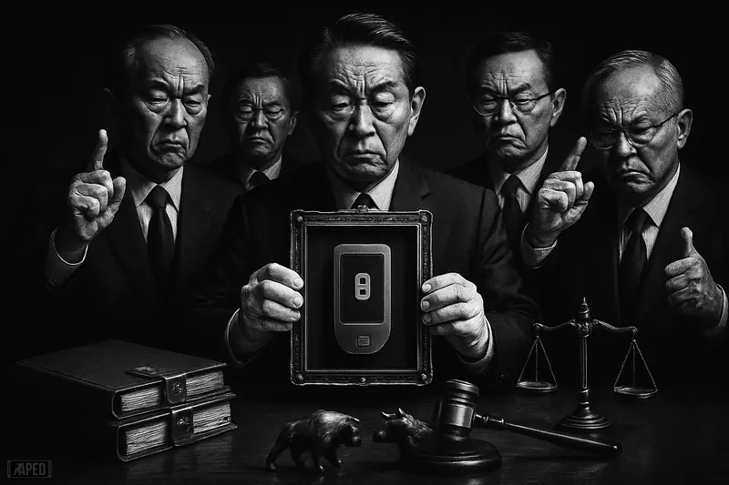 Shadowy Japanese officials ceremonially seal a digital asset into a locked case beside legal symbols in a dark grayscale finance scene.