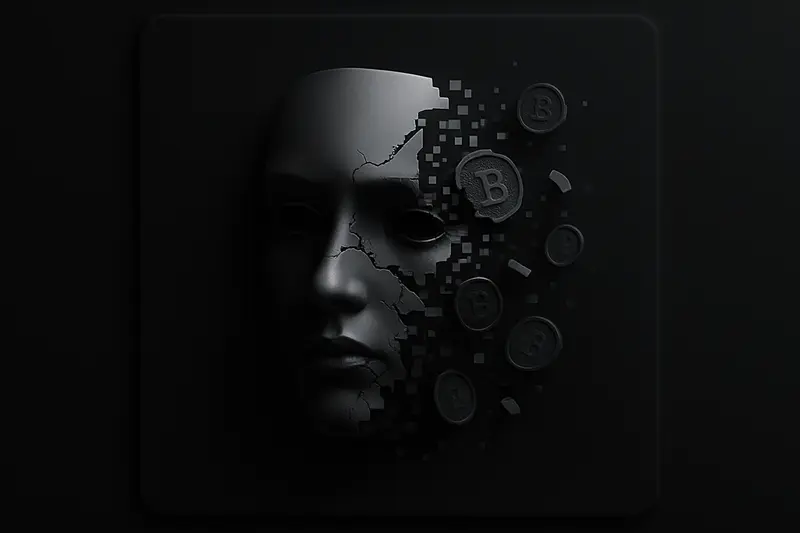 Cracked porcelain mask hovering over scattered, glowing coin fragments with pixelated dust trails on a dark background