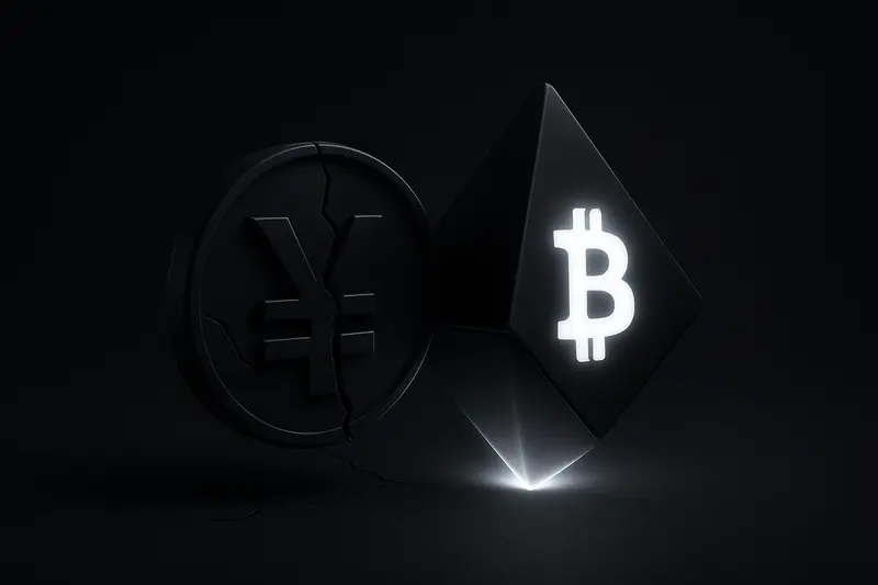 Cracked gold yen coin on black background, fragments drifting into a glowing orange geometric bitcoin-like prism.