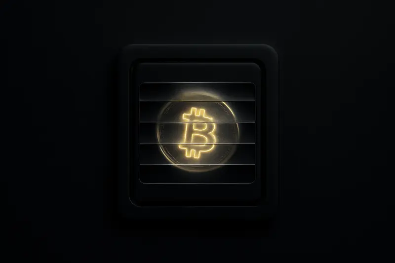 Glowing gold coin pressed against a frosted glass panel with dark mechanical shutters, faint grid lines, and black background.