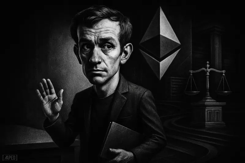 Josh Stark, shown as a realistic caricature, steps away from a dark institutional crypto setting with Ethereum-inspired architecture and somber lighting.
