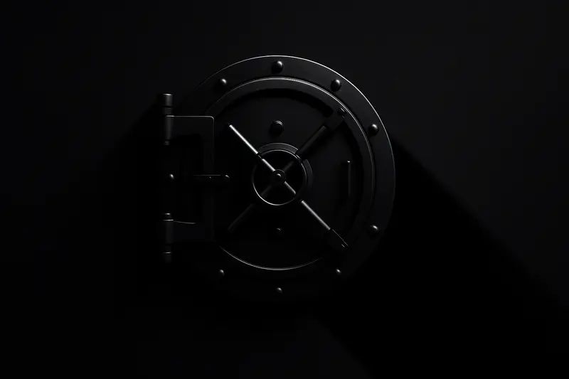 A heavy steel vault door half-closed, cutting off glowing cash-like light streams against a dark, minimal background.