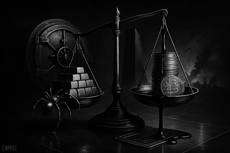 A dark, photorealistic scale tips from leaking gold bars to rising crypto coins, with a vault, monolith, and metallic spider behind.