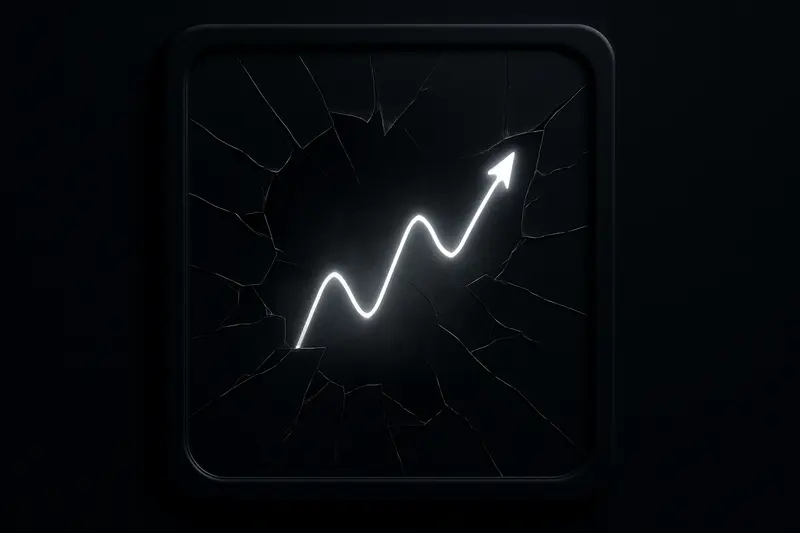 Dark cover showing frosted glass splitting open to reveal a neon price waveform rising against a black background.
