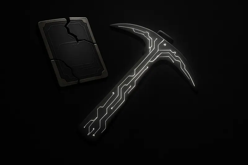 A cracked gold bond certificate dissolves into a neon circuit pickaxe, with dark smoke and red warning sparks on black.