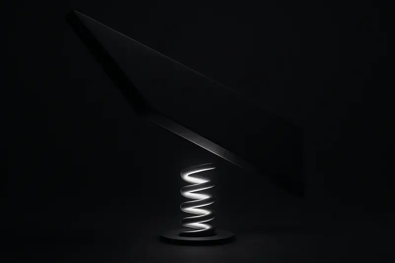 Neon-green price line rebounds sharply from a glowing floor, while a shadowy downward arrow looms above on black.