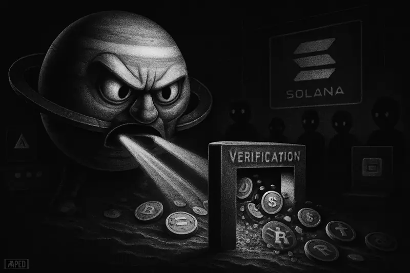 A mechanical Jupiter-like guardian scans tokens at a dark verification gate inside a futuristic Solana trading hub.