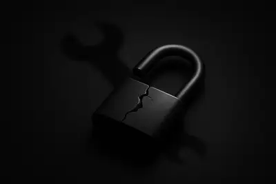 Cracked steel padlock glowing faintly as a heavy wrench casts a sharp shadow across a dark, gritty background.