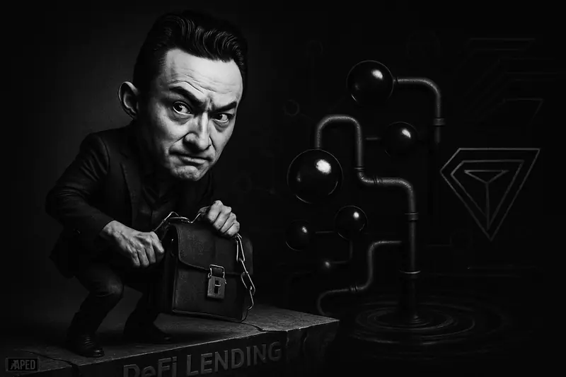 Justin Sun caricature in a dark suit struggles with a chained satchel above a fractured DeFi platform and swirling liquidity imagery.