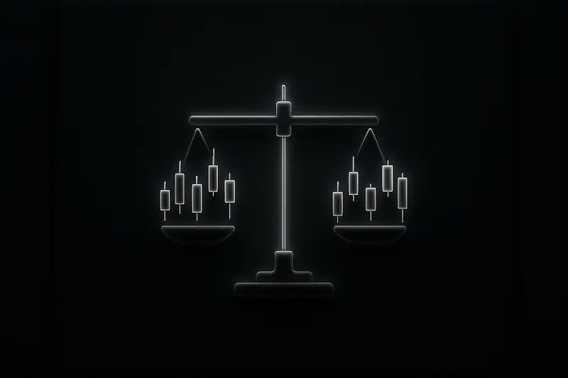 On a black background, a neon-lit balance scale formed from interlocking candlestick bars with faint numeric tick marks floating around.