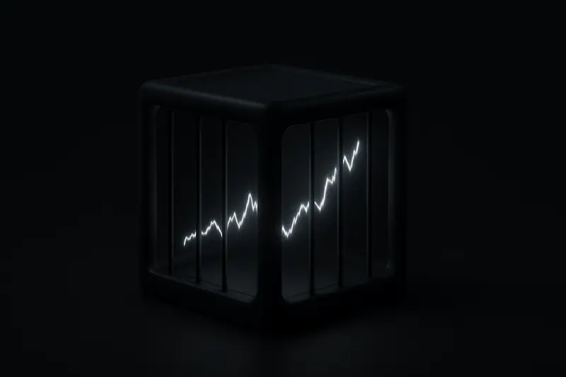 Neon-green line chart suspended inside a transparent cube with dark metal bars, floating on a black textured background
