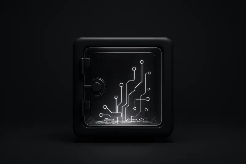 A dark glass vault with a glowing chain of data blocks and a cleared checklist hovering over a black background.