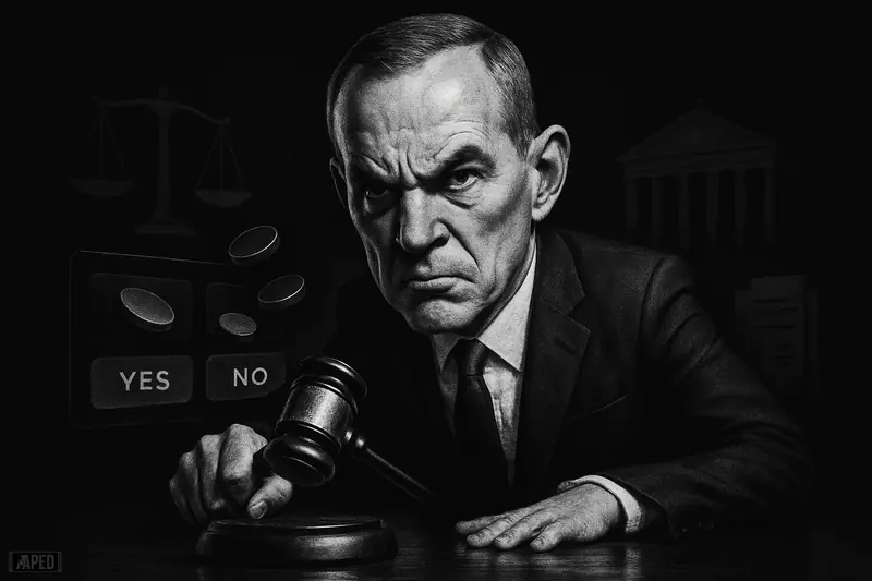Nick Brown caricature in a dark courtroom-trading scene, slamming a gavel as legal and prediction-market symbols loom behind him.