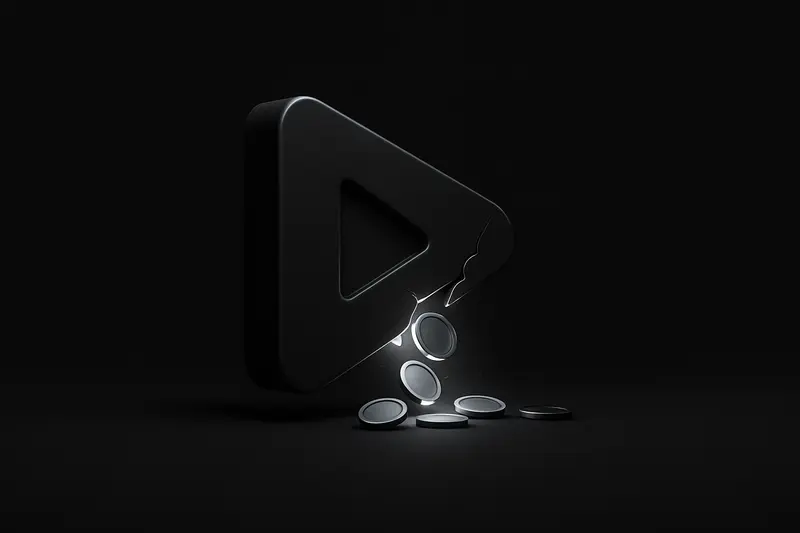 A dark play-button shaped prism split by cracks, leaking neon coin-like sparks into a shadowy grid background.