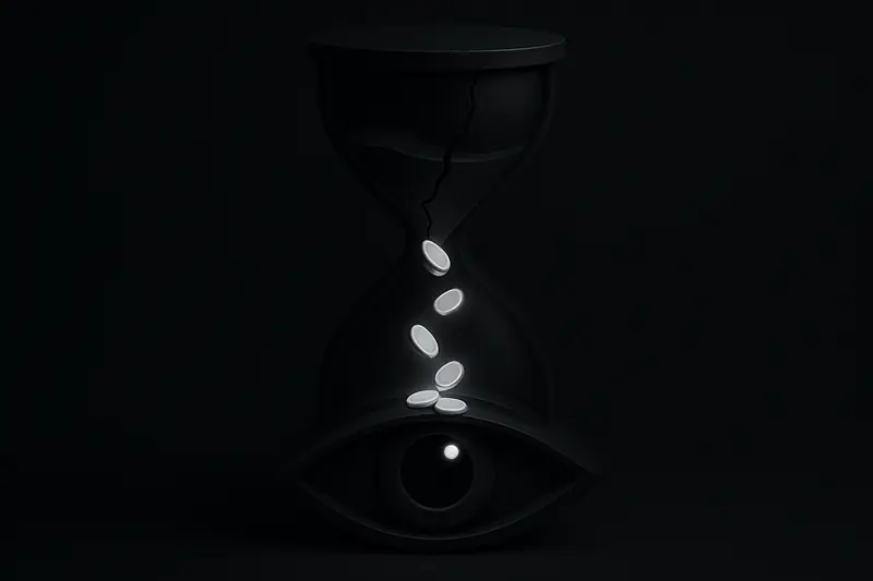 On a black background, a cracked glass hourglass spills glowing coin-like particles toward a shadowy, watchful eye.