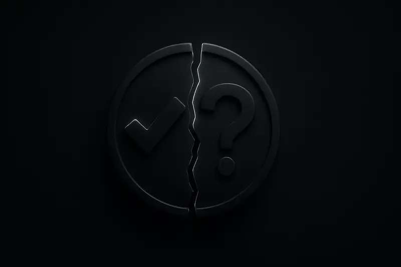 A dark cracked coin with a glowing split checkmark and question mark, surrounded by scattered digital tokens on black.