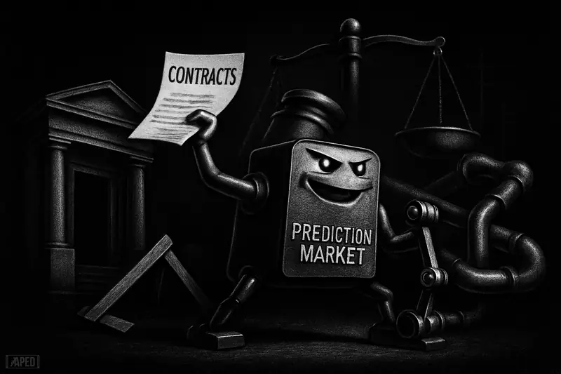 A metallic market machine breaks past a courthouse barrier, surrounded by legal scales and moody grayscale lighting.