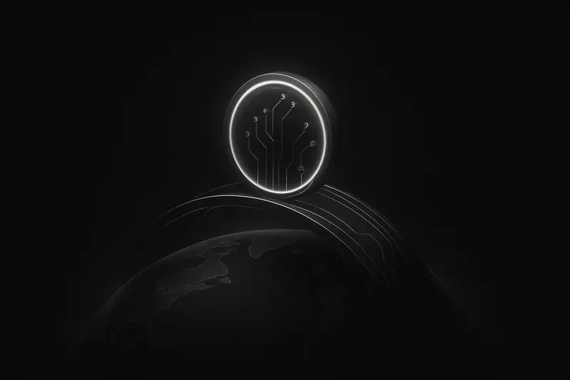 Dark globe silhouette wrapped by neon circuit rings, with glowing coin-like nodes linking continents on a black background.