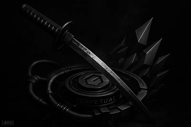 A giant katana sword pierces a dark trading machine surrounded by polygonal shards and mechanical market rings in monochrome grayscale.