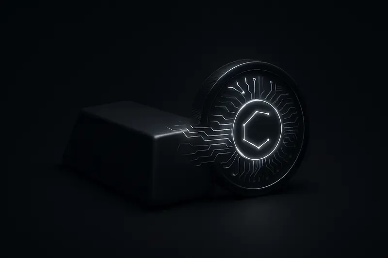 A dark vault scene with stacked gold bars, one transforming into a luminous circuit-patterned coin over black smoke.