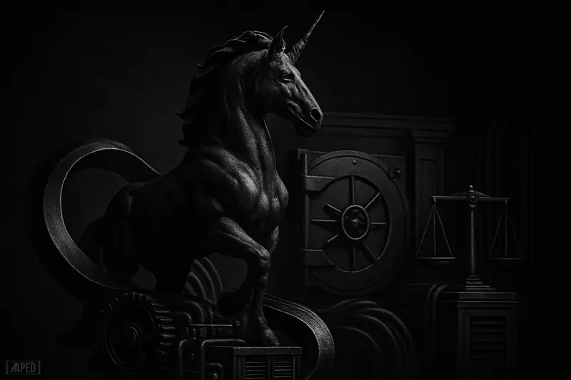 A dark monochrome unicorn stands on trading machinery, surrounded by bank-like vault elements and industrial crypto infrastructure in a cinematic scene.
