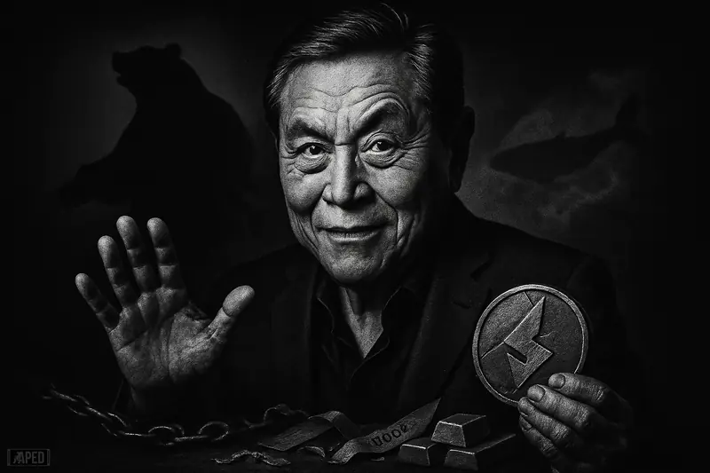 Robert Kiyosaki in a dark monochrome scene warns forward as bearish market symbols and safe-haven objects loom behind him.